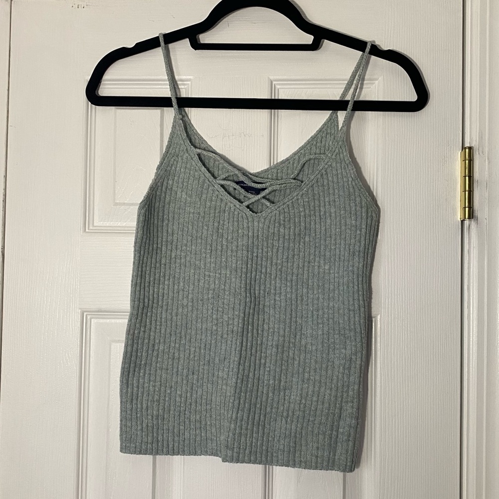 AEO Blue/Grey Ribbed Knit Sweater Criss-Cross Tank